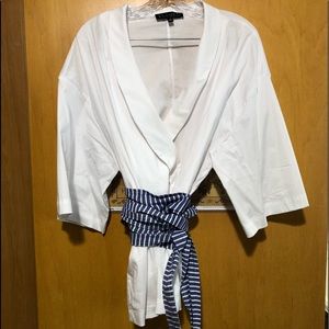 Eloquii white wrap blouse with striped Obi belt